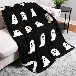 Black White Ghost Patterned Halloween Blanket Design Reversible Throw